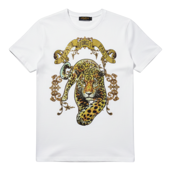 White George V Tiger graphic T-shirt featuring a bold tiger print on the front. Casual men's tee with a modern fit.