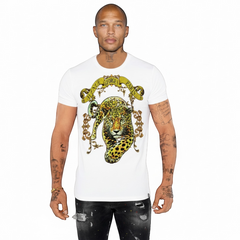 White George V Tiger Tee featuring a bold tiger graphic on the front, casual crewneck T-shirt for men.