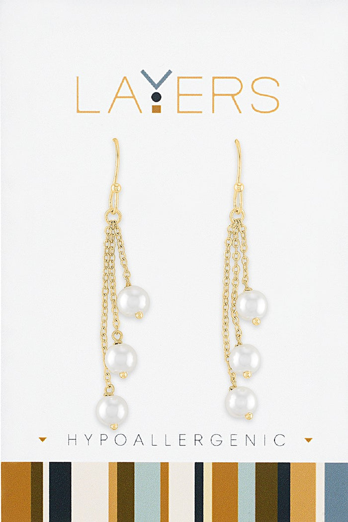 Gold triple pearl dangle earrings for everyday gift from Magnolias Home Decor