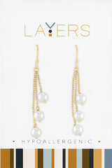 Gold triple pearl dangle earrings for everyday gift from Magnolias Home Decor