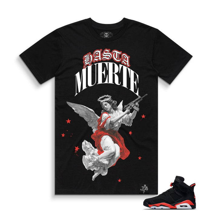 Black Hasta Muerte T-shirt with "Protect Your Assets" graphic, featuring bold print on the front for a striking look.