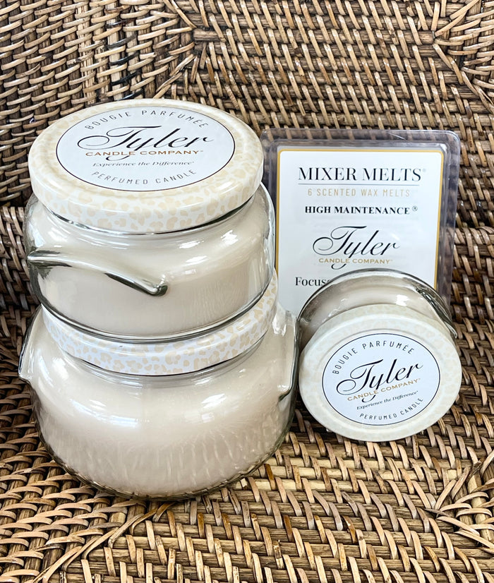 Tyler Candle High Maintenance paraffin wax candle patchouli vanilla musk home fragrance gift from Magnolias Home Decor