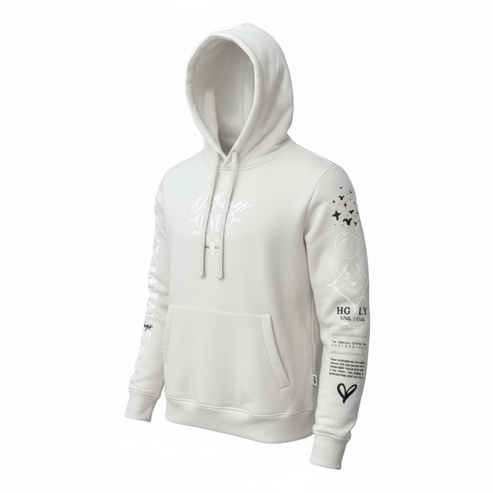 Highly Undrtd 'Given' hoodie in cloud color, showcasing the soft fabric and relaxed fit, with hood and front pocket.