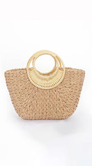 Summer Day Bamboo Handle Straw Bag - Khaki