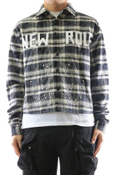 Kleep men's black cropped long sleeve heavy flannel button-up shirt with classic plaid pattern and button cuffs.
