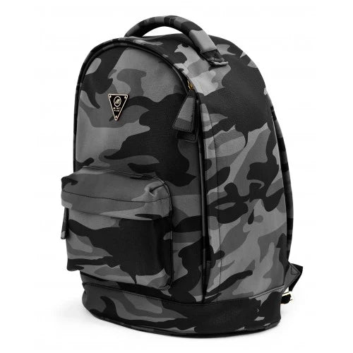 Grey Mint camo leather backpack with adjustable straps and zipper compartments, stylish accessories for casual use.