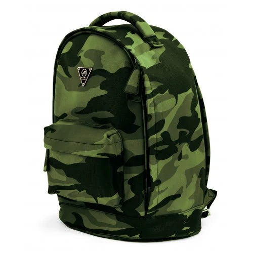 Olive green camo leather backpack from Mint Accessories with adjustable straps and multiple compartments.