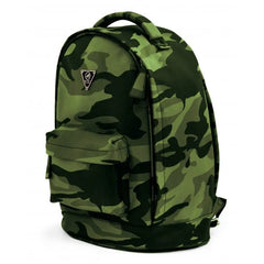 Olive green camo leather backpack from Mint Accessories with adjustable straps and multiple compartments.