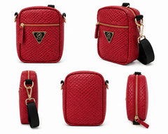 Red Mint crocodile-pattern medium cross body bag with snake skin texture, shown from multiple angles.
