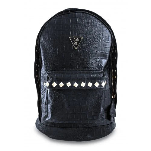 Black Mint crocodile-studded backpack with adjustable straps, featuring a textured crocodile pattern and multiple compartments.