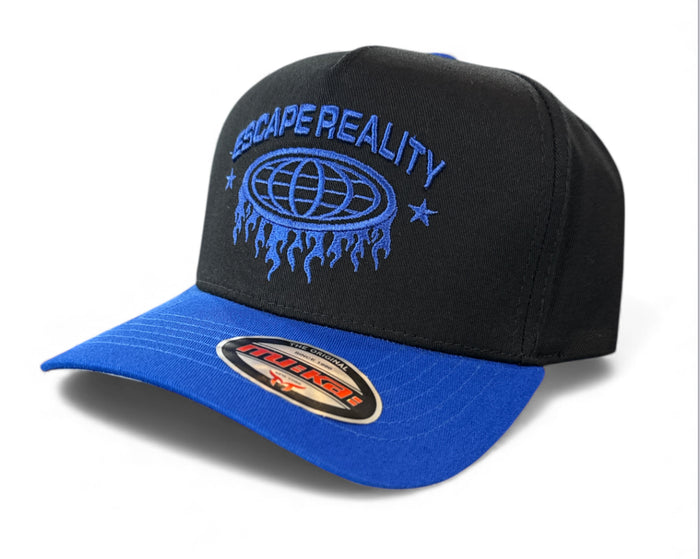 MUKA Escape Reality snapback hat in black and royal blue with adjustable strap and embroidered logo, stylish accessories for casual wear.