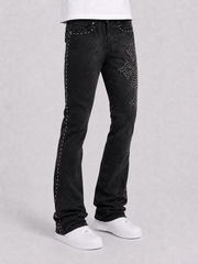 Black denim flared jeans with cross-stud details from Original Fables, showcasing the stylish, high-waisted design.