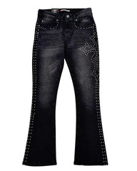 Black denim flared jeans with cross-stud details by Original Fables, showcasing the stylish design and fit.
