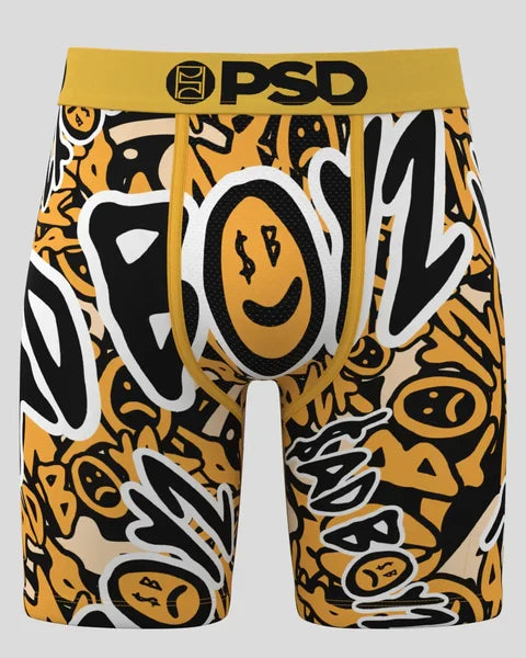 PSD Underwear Sad Face Boxer Shorts, colorful men's accessories with playful sad face print on fabric.