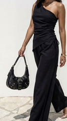 Zoey Faux Leather Stud Buckle Shoulder Bag - Black