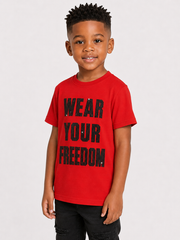 Red Rawyalty Kids 'Freedom' T-shirt featuring bold graphic design, made for comfortable casual wear for children.