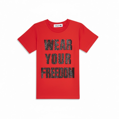 Red Rawyalty Kids 'Freedom' T-shirt, a kids' tee with bold design from RAWYALTY KIDS, shown in a fitted style.