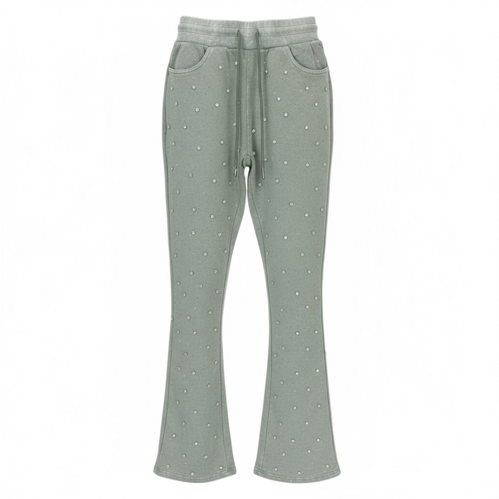 Rebel Denim Diamond fleece stack flared sweat pants in sage, stacked jogger style with a relaxed fit and flared leg design.