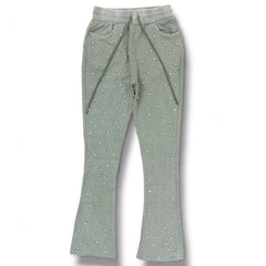 Rebel Denim Diamond fleece stack flared sweat pants in sage, stacked jogger style with relaxed fit and comfortable fabric.