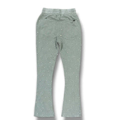 Rebel Denim Diamond fleece stack flared jogger pants in sage color, featuring a relaxed fit and stylish design.