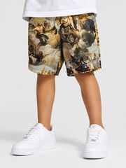 Rebel Minds kids' Genesis board shorts in blue with colorful geometric patterns, featuring an elastic waistband and lightweight fabric.