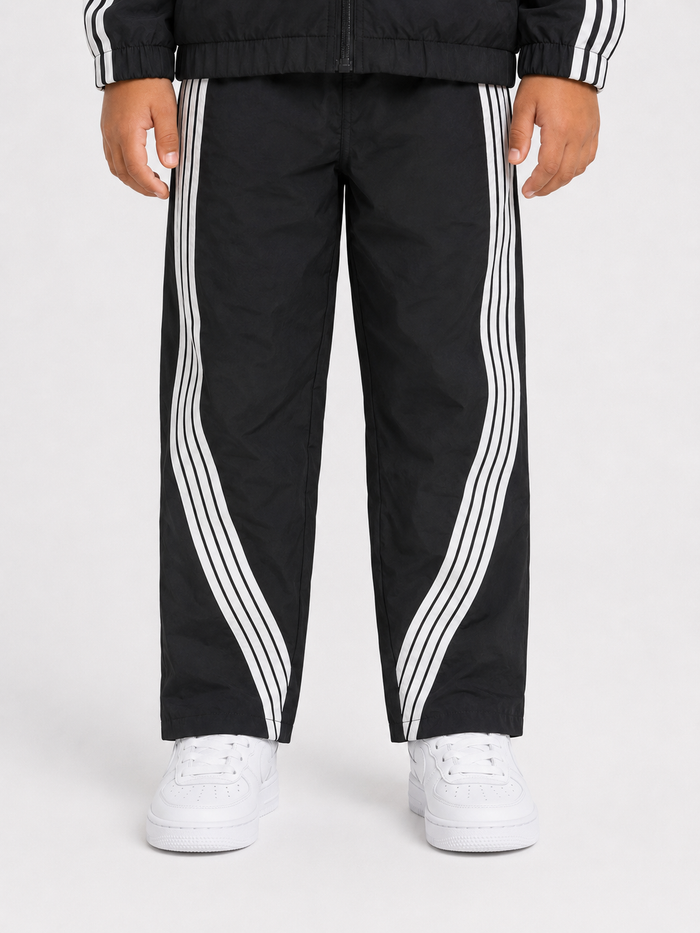 Rebel Minds kids' black nylon stripe track pants with sporty design and comfortable fit for active children.