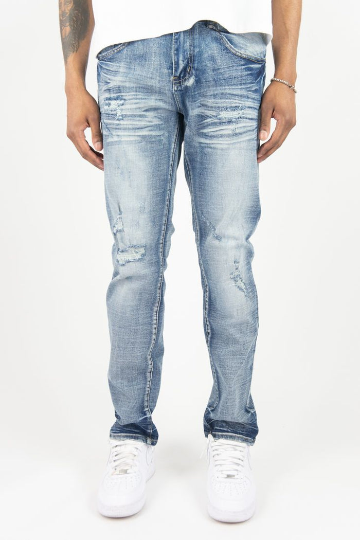 Roar Denim R&R Slim Straight denim jeans in MD Sand Blue, front view showing classic five-pocket design and slim fit style.