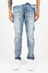 Roar Denim R&R Slim Straight denim jeans in MD Sand Blue, front view showing classic five-pocket design and slim fit style.