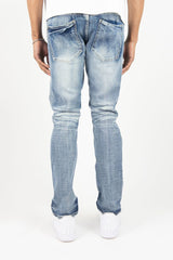 Roar Denim R&R Slim Straight denim jeans in MD Sand Blue, showcasing the fit and fabric texture.