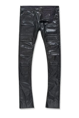 Black denim Ross Thriller Cargo Stacked Pants by Jordan Craig, featuring multiple pockets and a relaxed fit.