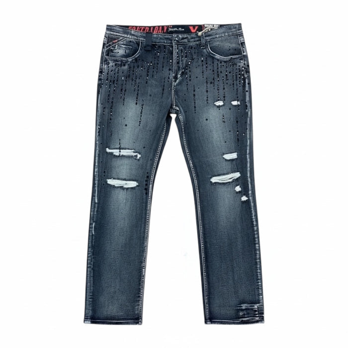 Smugglers Moon crystallized slim denim pants in washed black with subtle distressed details and a tailored fit.