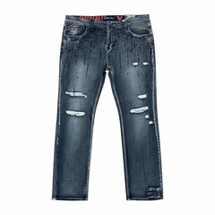 Smugglers Moon crystallized slim denim pants in washed black with subtle distressed details and a tailored fit.