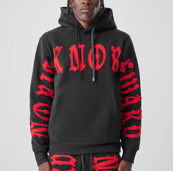 Black and red Spark "No Risk No Reward" hoodie, casual style with front logo, made by SPARK, perfect for everyday wear.