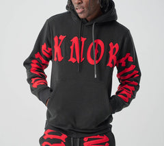 Black and red SPARK hoodie with "No Risk No Reward" slogan, casual fit, front view showing hoodie design and branding.