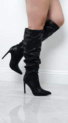 Valeria Faux Leather Ruched Knee High Boots - Black