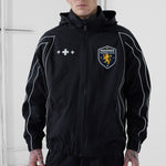 SYIP Hooligan Track Jacket with removable hood in black, lightweight athletic jacket for casual wear and active lifestyles.