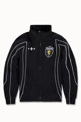 Black SYIP Hooligan Track Jacket with removable hood, stylish athletic fit, shown on a model in a casual setting.