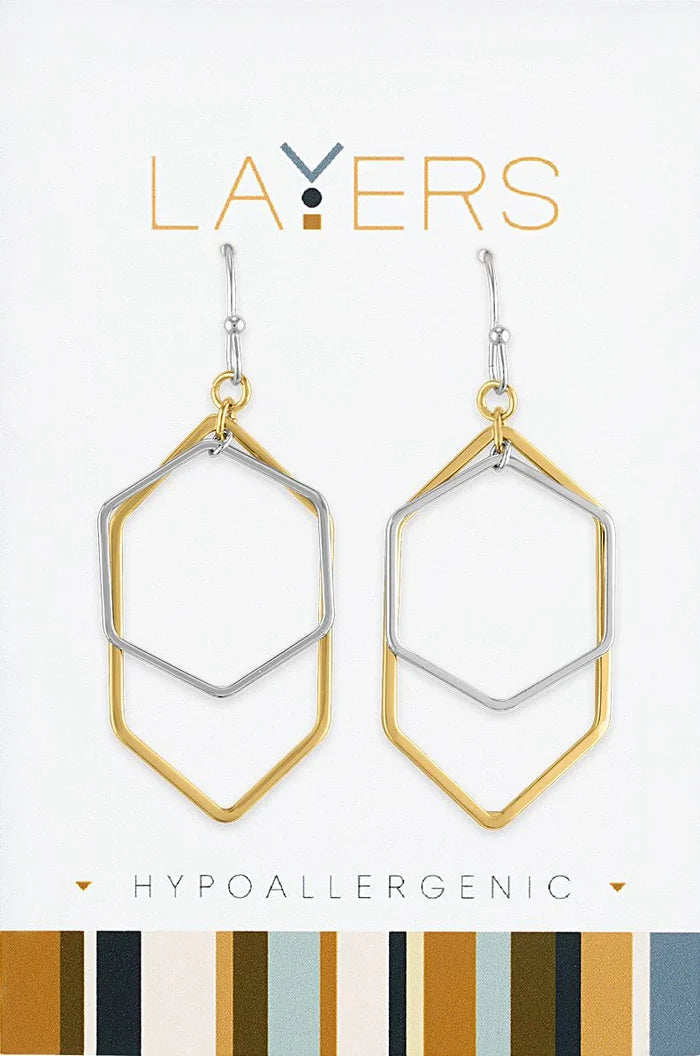 Silver two-toned hexagon dangle layers earrings for everyday gift from Magnolias Home Decor