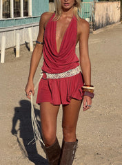 Khoda Studded Halter Mini Dress Burgundy