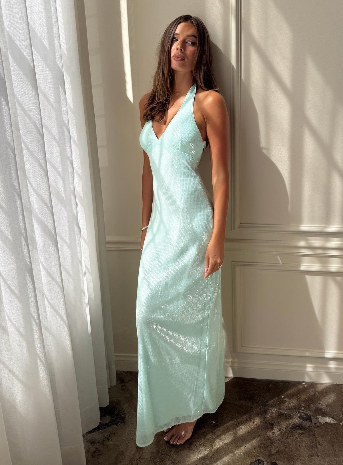 Isanna Halter Sequin Maxi Dress Jelly Mint