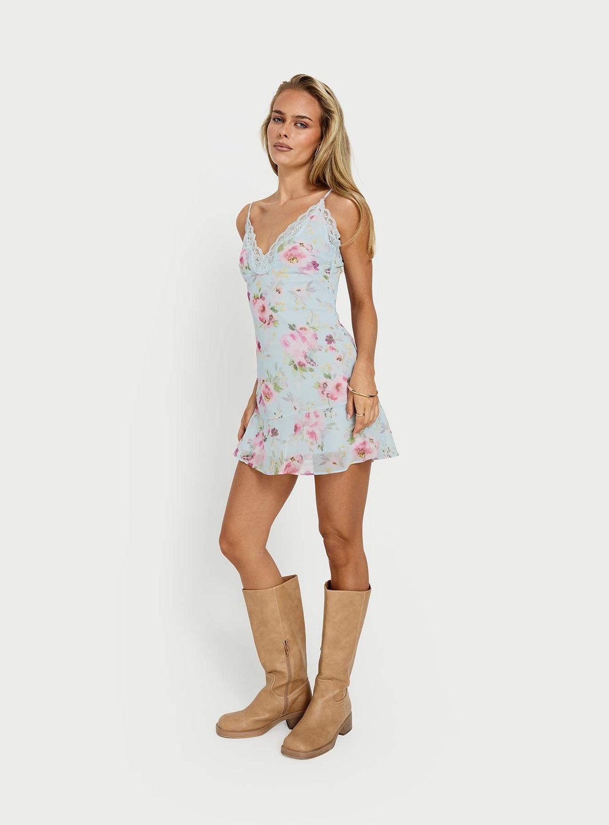 Sandia Lace Trim Mini Dress Blue Floral