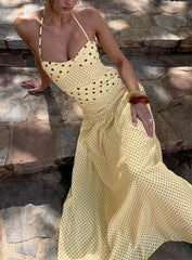 Marguerite Halter Maxi Dress Lemon / Brown Polka Dot