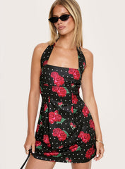 Rosamie Halter Mini Dress Black Polka Floral