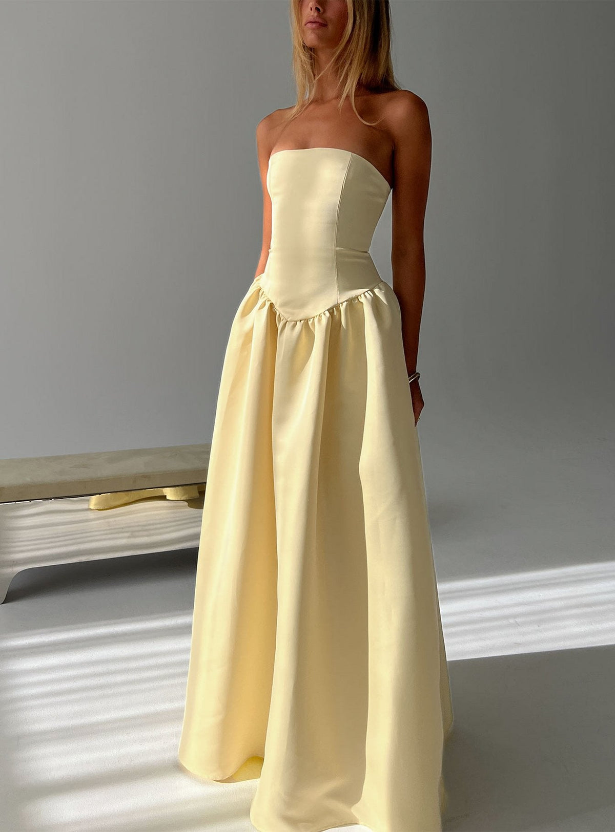 Soft Bloom Drop Waist Strapless Maxi Dress Yellow