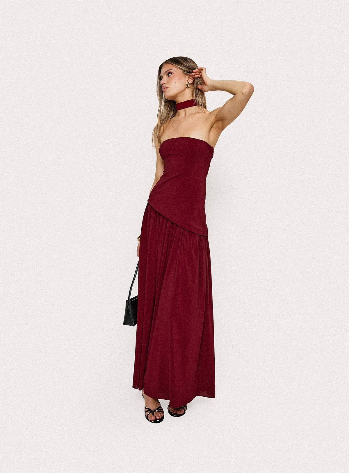 Odela Strapless Scarf Drop Waist Maxi Dress Cherry