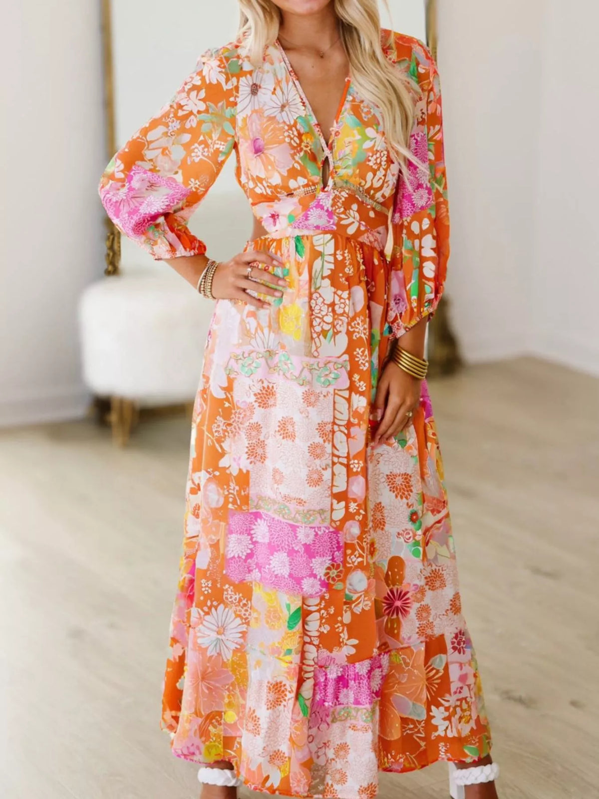 Vibrant Floral Long Sleeve Dress with Lace-Up Back