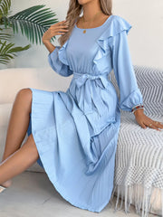 Ruffle Trim Pleated A-Line Midi Dress