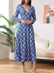Floral Print V-Neck Long Sleeve Midi Dress