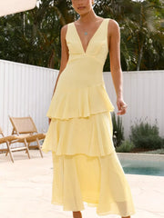 Sleeveless Ruffled Layered Backless Maxi Dress