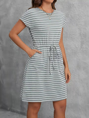 Casual Striped Drawstring Waist Dress